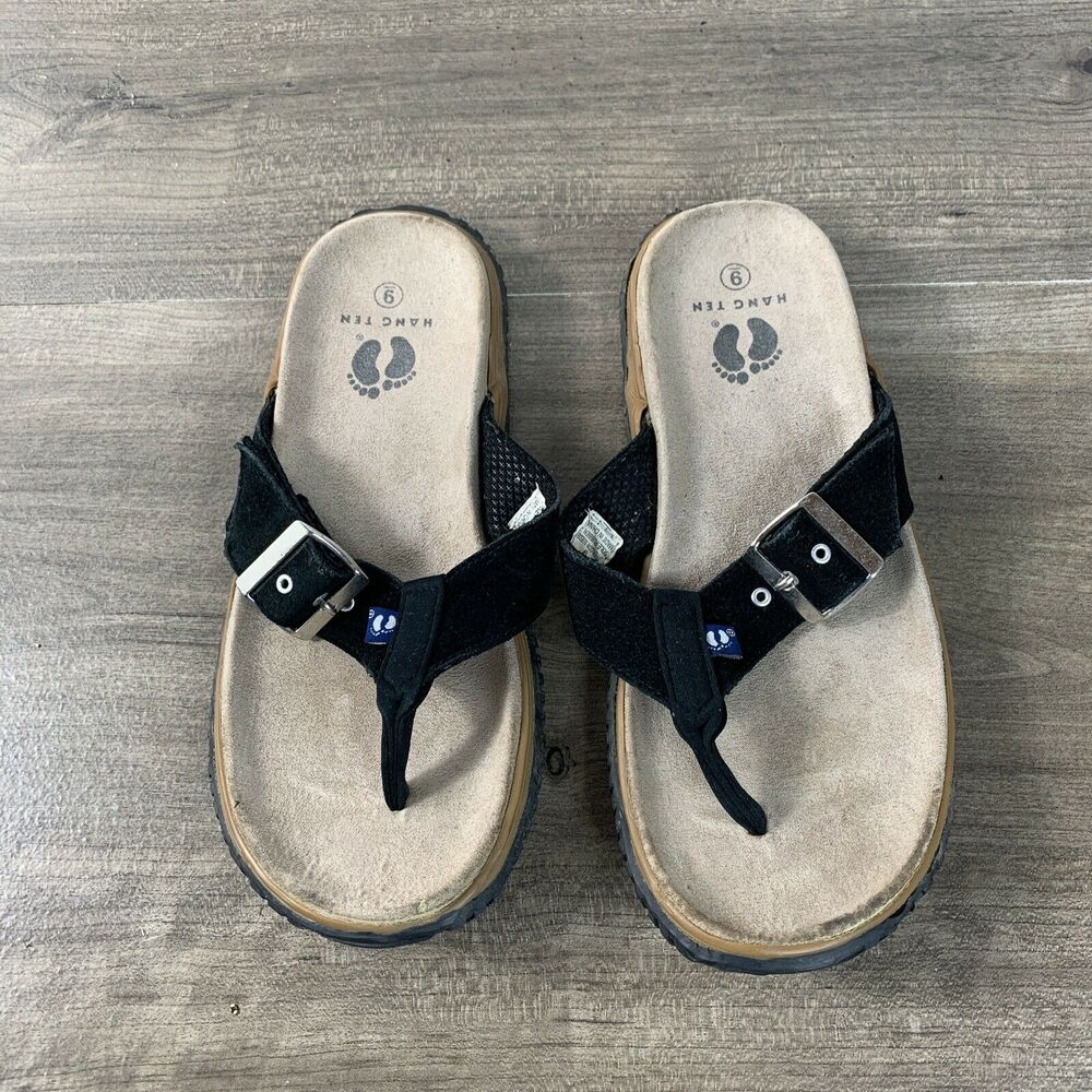 Hang Ten Mens Size 9 Suede Flip Flops Tong Sandals Black Slip On Rubber Soles